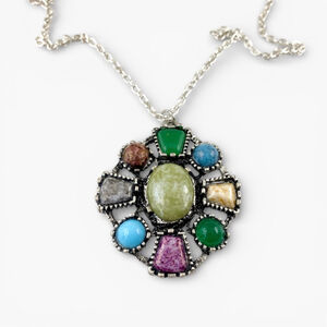 Vintage Celtic Scottish Silver Tone Multi-color Glass Gemstone Pendant Necklace.
